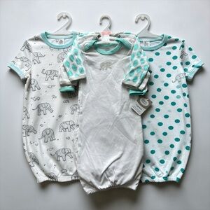 Luvable Friends Baby Gown Set 3 Pack Elephant Teal 0-6M NWT